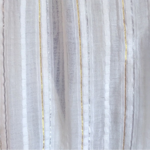 Boho Cotton Balloon Sleeve Metallic Stripe Cottagecore Blouse Ivory Off-white M - Picture 9 of 11